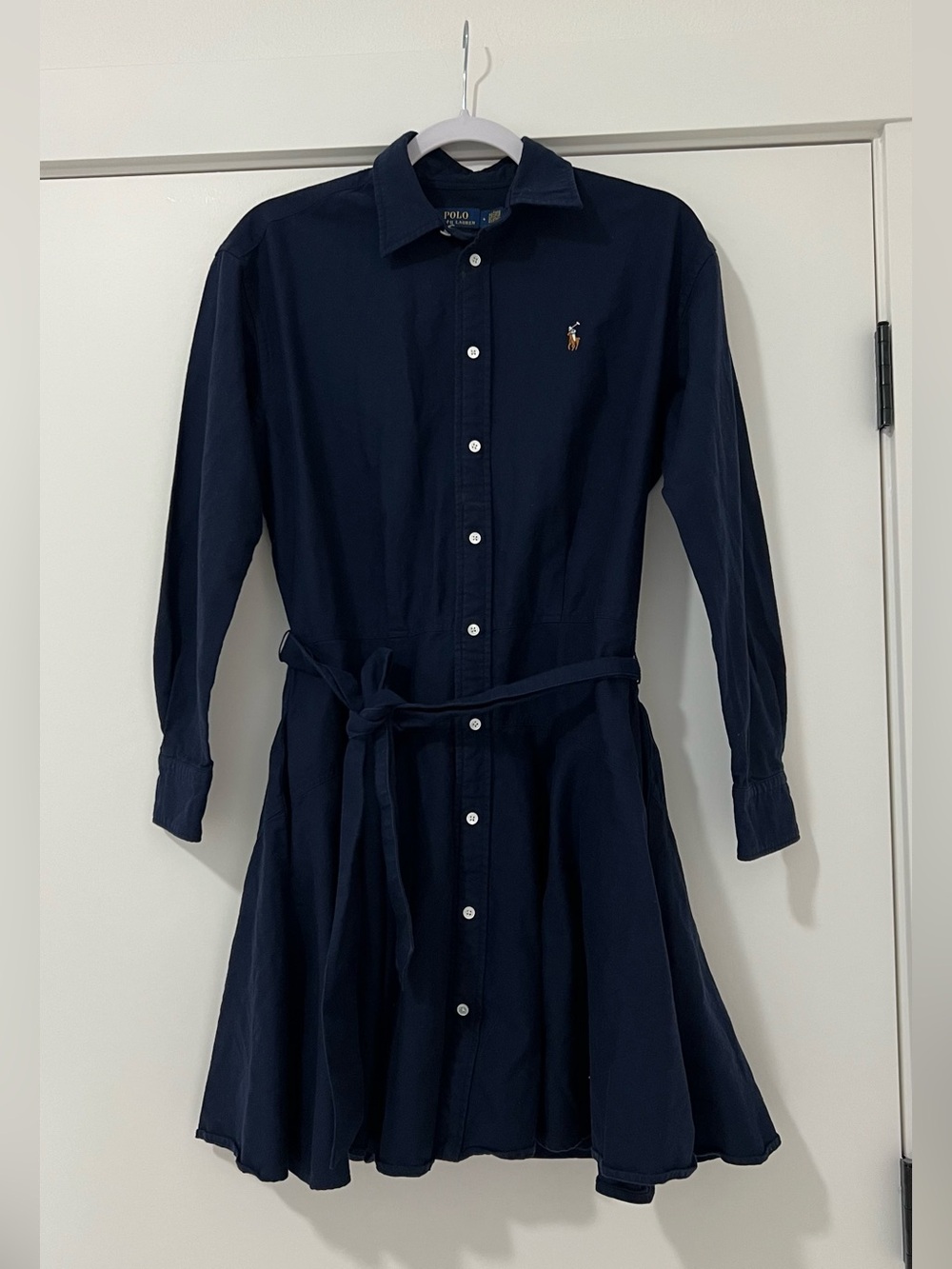 Polo by Ralph Lauren Navy Long-Sleeve Button Front Shirt Dress with Waist Tie